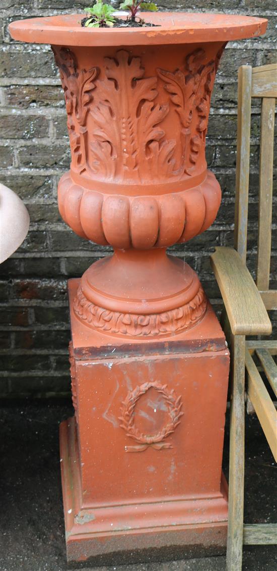 Terracotta urn and pedestal, Meeds & Son(-)